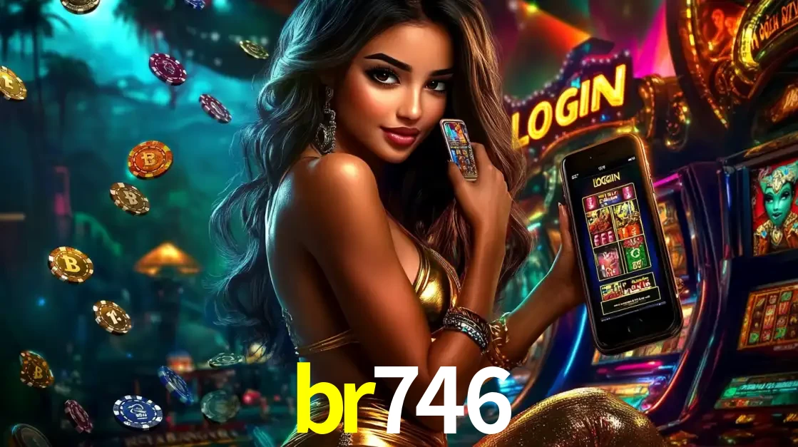 Mulher em um cenário de cassino temático de aventura, mostrando o app de caça-níqueis da br746 no celular. Fichas de apostas flutuam ao redor.