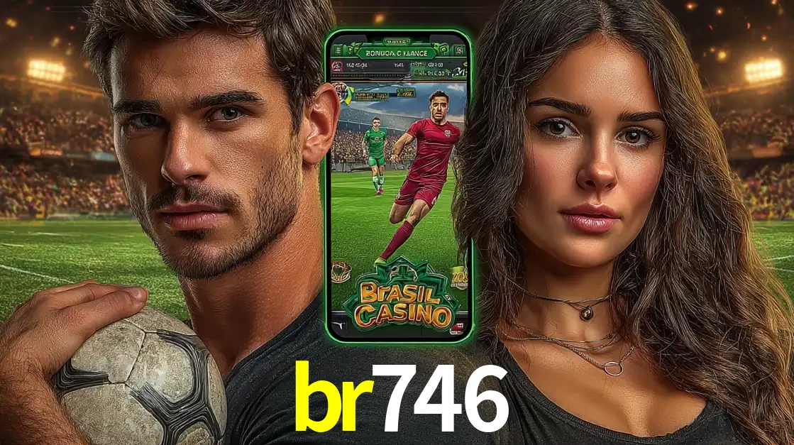 Homem segurando uma bola de futebol e uma mulher ao lado de um smartphone exibindo o jogo de apostas esportivas da br746. Faça seu palpite no cassino online.